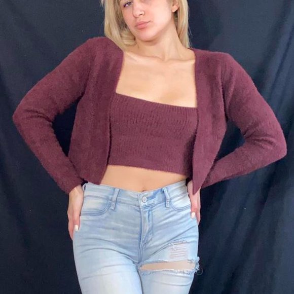 Burgundy Red Tank Top with Cardigan Fuzzy Teddy Set - Picture 3 of 4